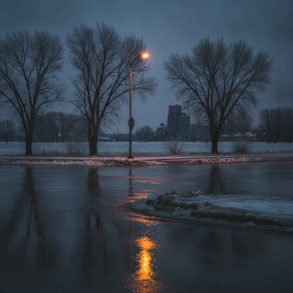 glazed small town intersection and curb at dusk after freezing rain on the Manitoba prairie
