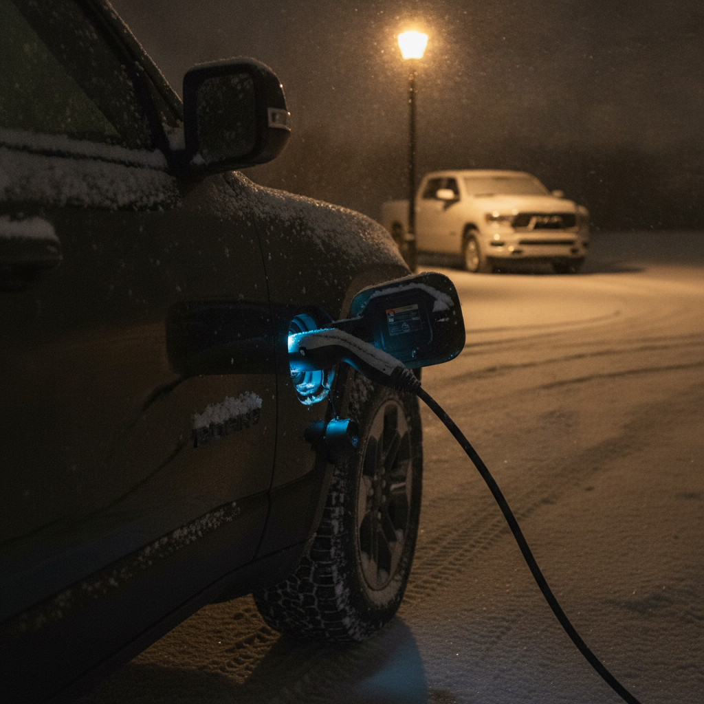 charging cable plugged into a Jeep Recon on a snowy Manitoba driveway at night