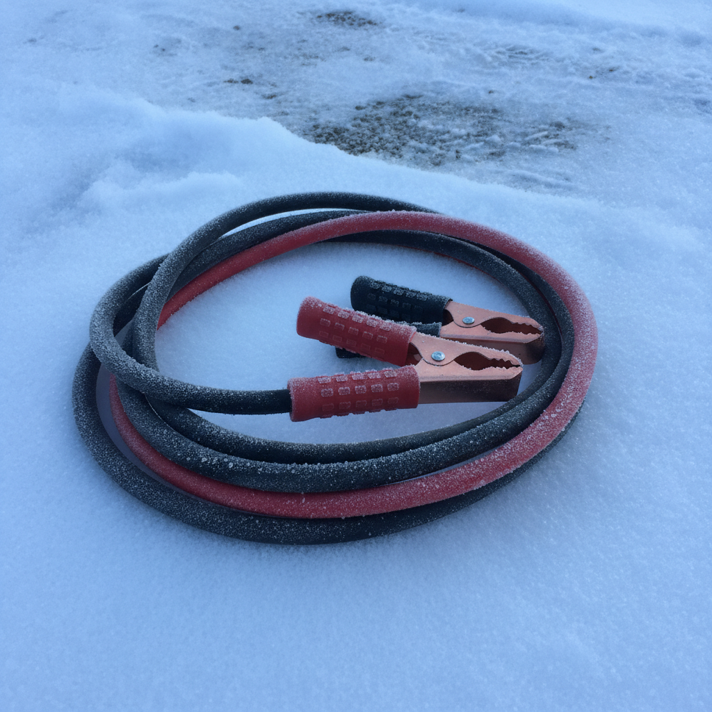 heavy jumper cables coiled on packed snow in a farm yard on a cold morning