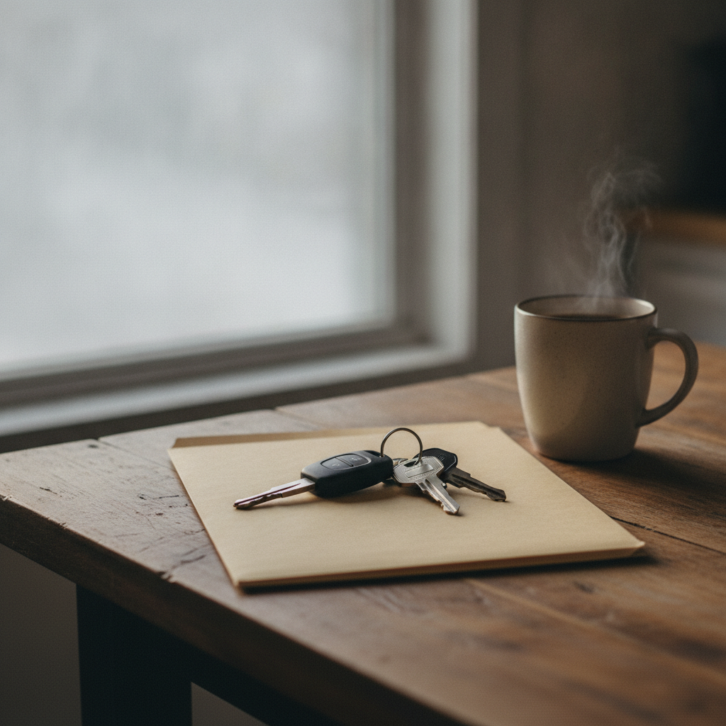 vehicle keys and a closed folder on a kitchen table on a winter morning