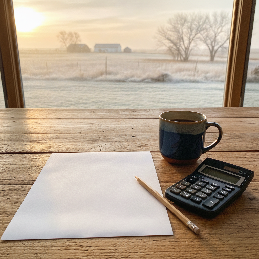 lease paperwork and a calculator on a Manitoba farmhouse kitchen table
