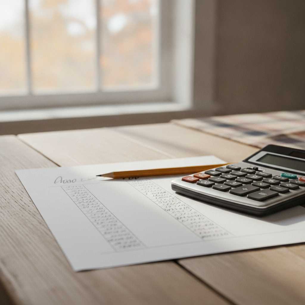 loan comparison worksheet and calculator on a farmhouse kitchen table in autumn