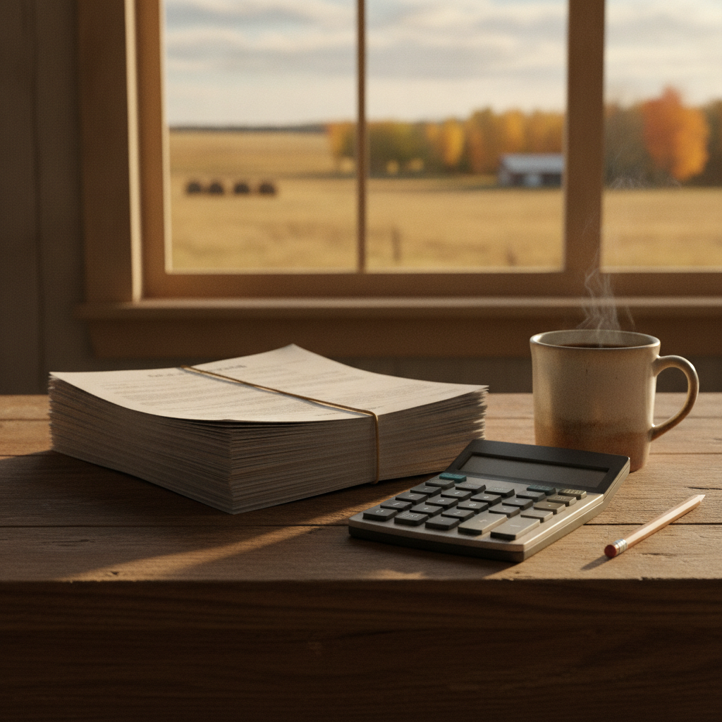 loan paperwork and a calculator on a Manitoba farmhouse kitchen table in autumn