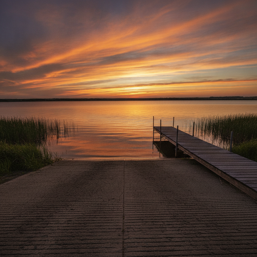 empty boat launch on a calm Manitoba lake on a July evening