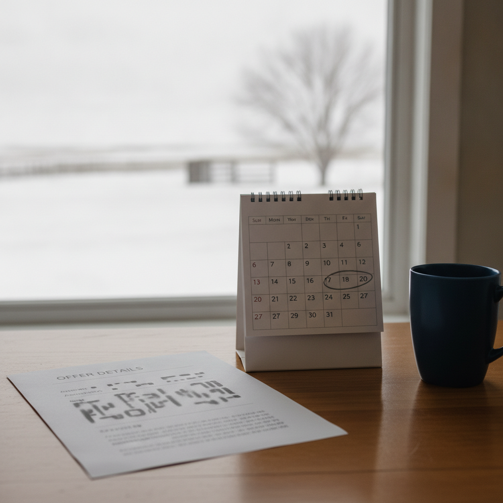 desk calendar with month end circled beside an offer sheet on a wooden desk