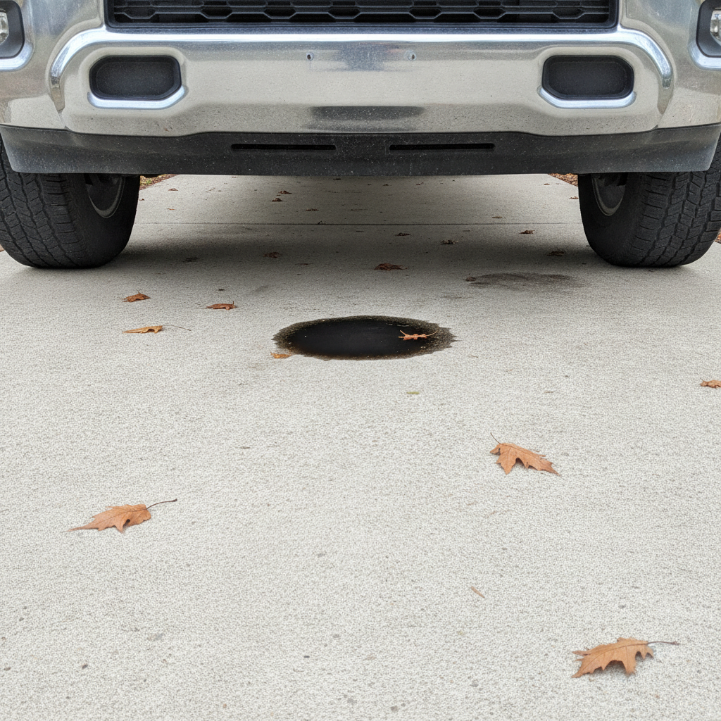 dark oil spot on a concrete driveway under the front of a pickup truck