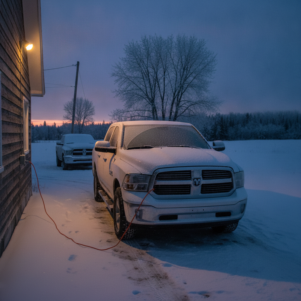 pickup plugged in on a frosty rural Manitoba driveway before sunrise