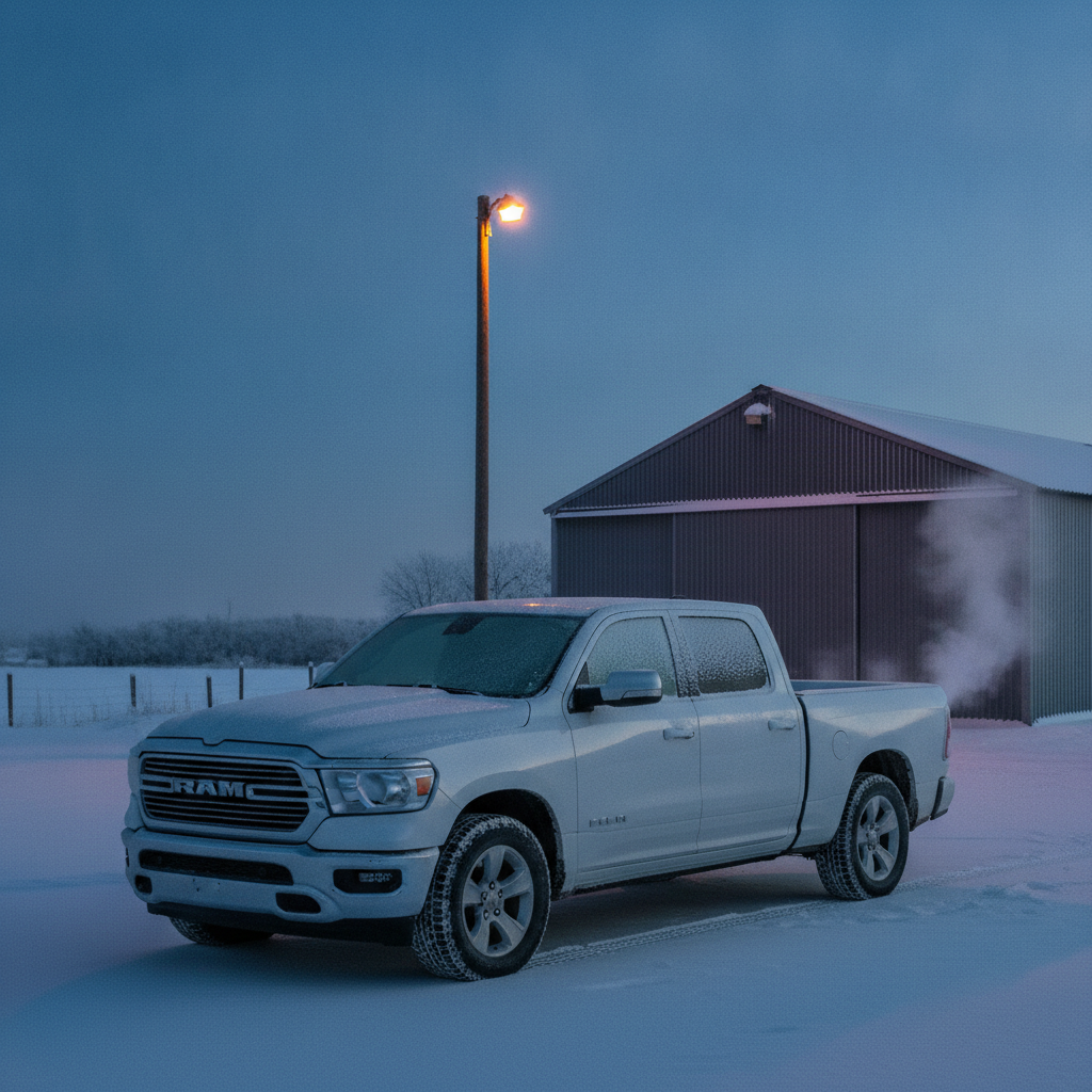 pickup idling in a snowy Manitoba farmyard before sunrise with frost on the windshield