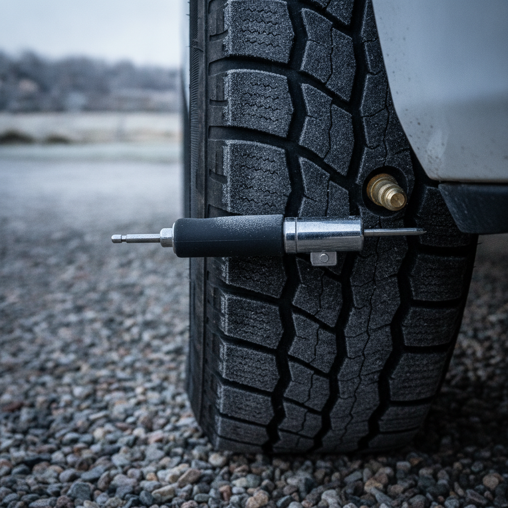 pocket tire pressure gauge resting on a frosty pickup tire beside the valve stem