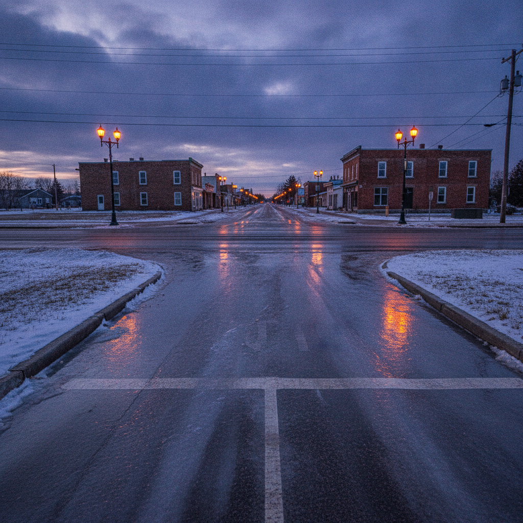 polished icy intersection at dusk on a Manitoba prairie town street