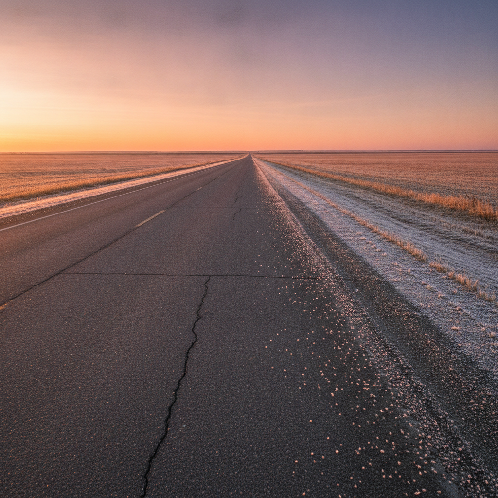 straight prairie highway at sunrise between frosty autumn fields in Manitoba
