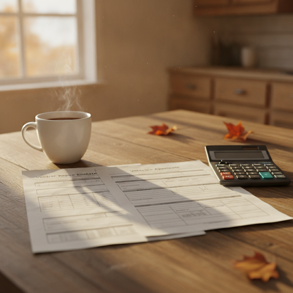 repair estimate and appraisal sheet side by side on a farmhouse kitchen table in autumn