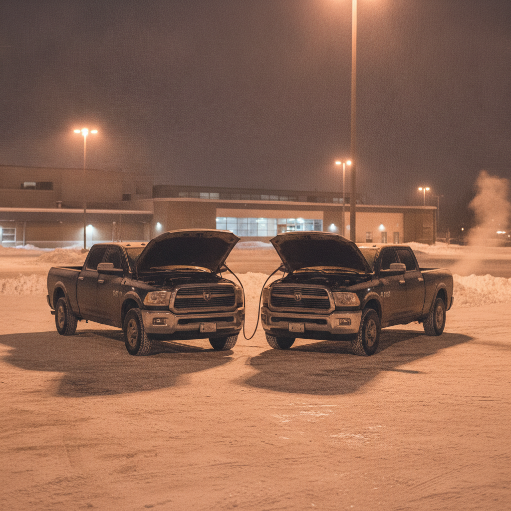 two pickups connected by booster cables in a snowy rink parking lot on a winter night