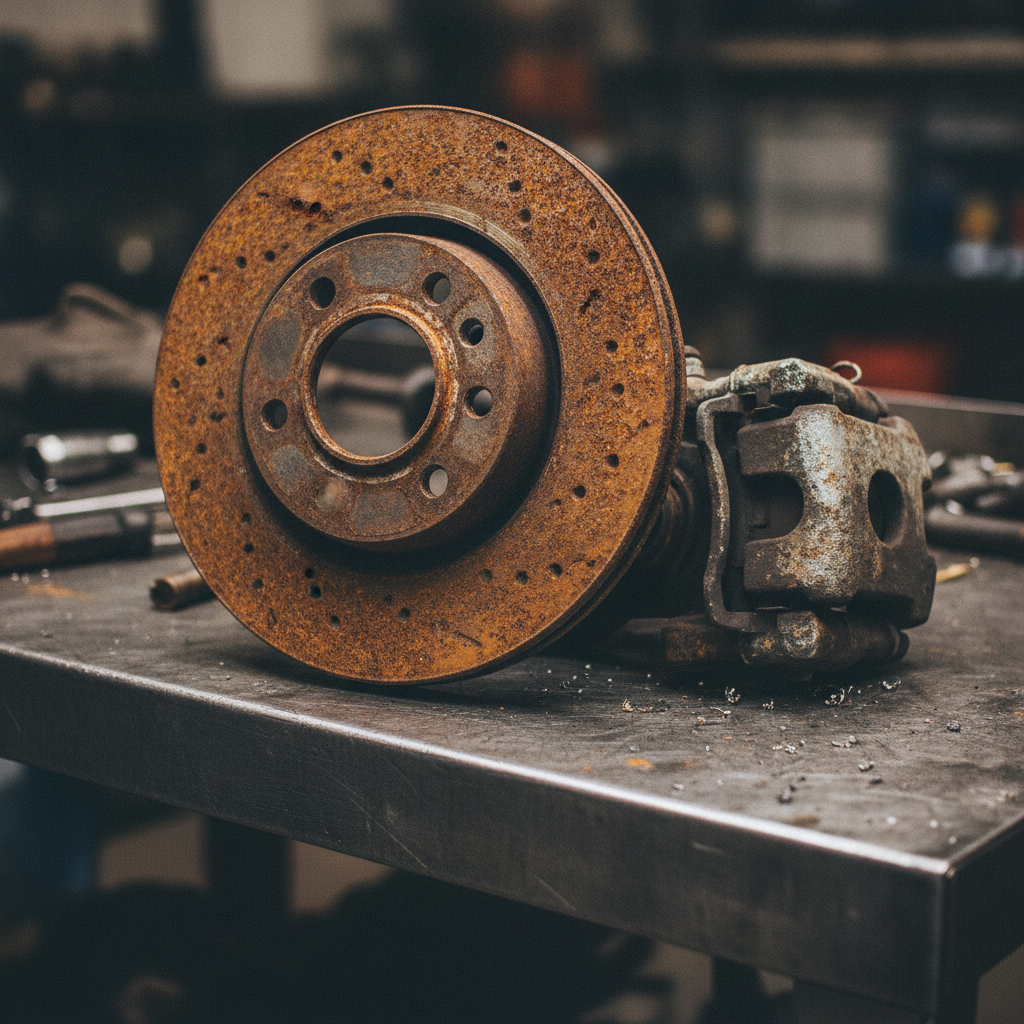 rusted brake rotor with a pitted face beside a corroded caliper on a workbench