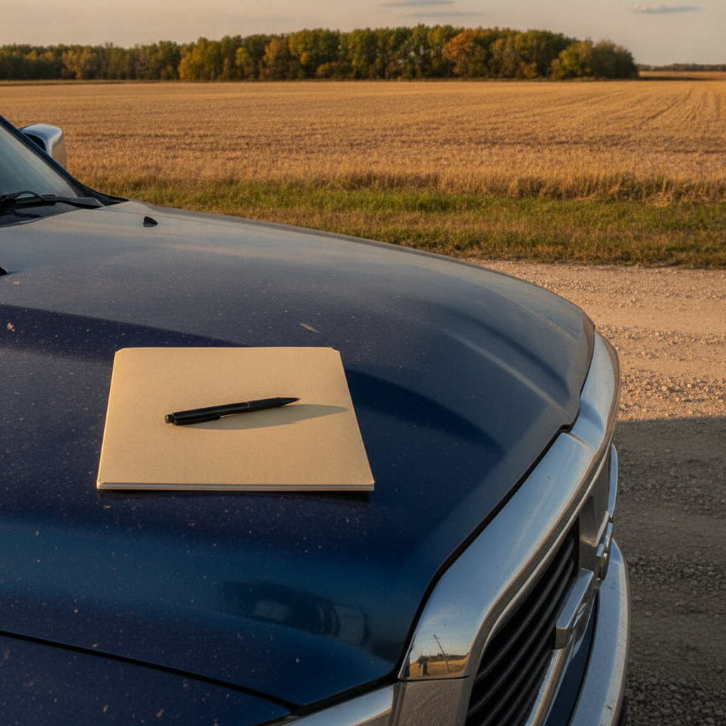 folder of sale paperwork on a truck hood on a Manitoba farm lane in autumn