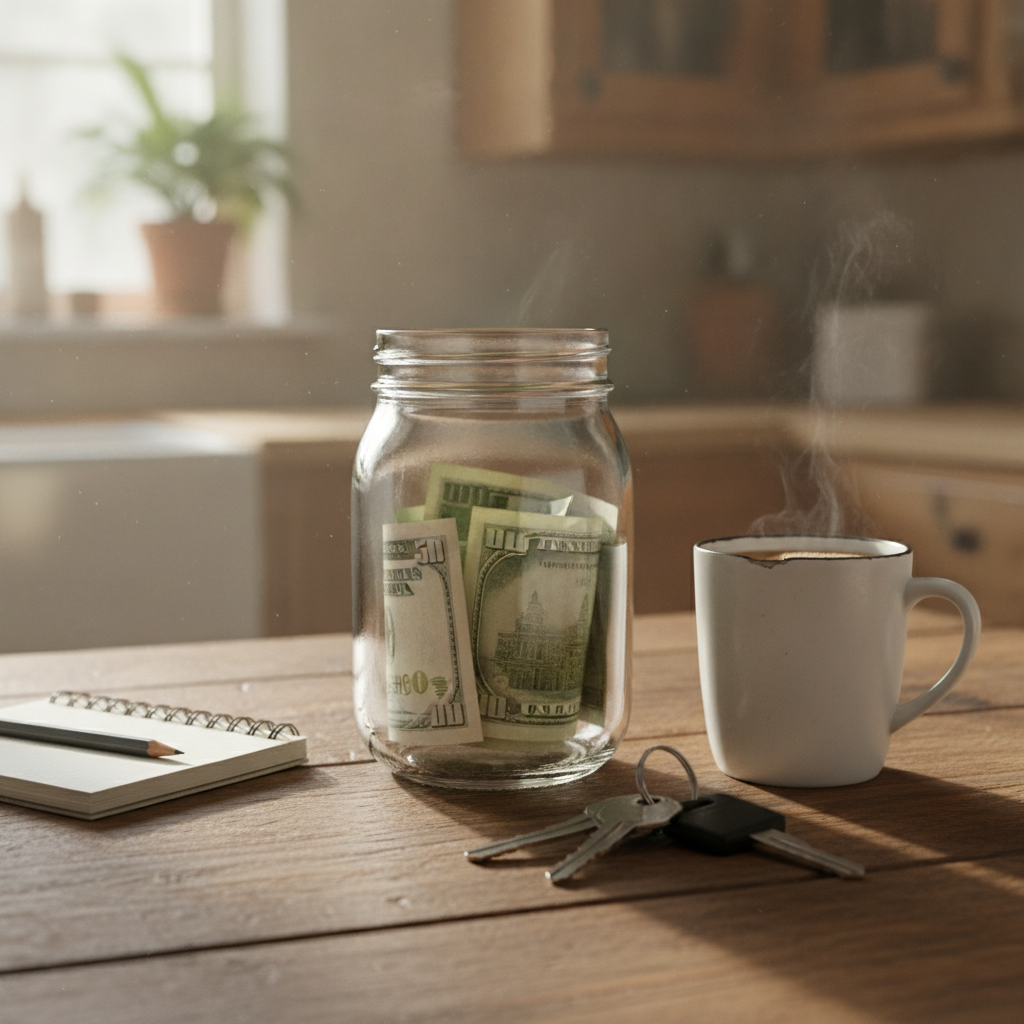 savings jar and truck keys on a Manitoba farmhouse kitchen table