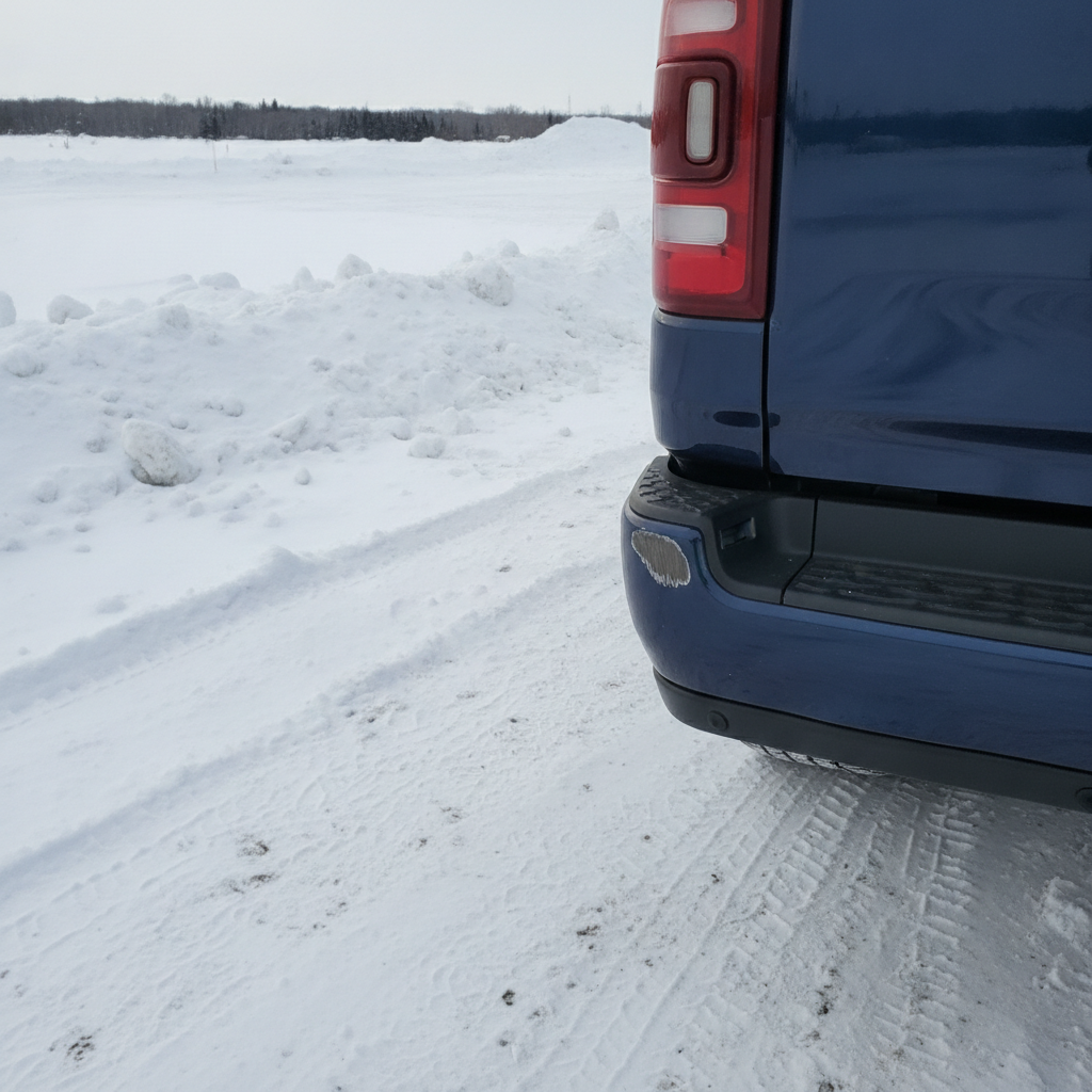 scuffed painted bumper corner on a pickup parked in a snowy Manitoba parking lot