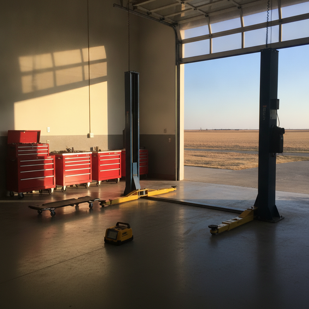 empty service bay with a two post hoist and tool chests at a Portage la Prairie dealership