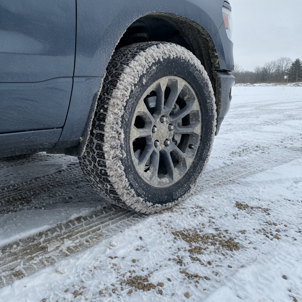 frozen slush packed inside a pickup truck wheel on a snowy Manitoba yard