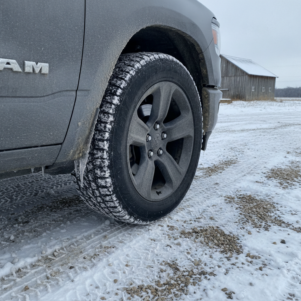 snow and ice frozen inside a pickup wheel on a snowy Manitoba farmyard
