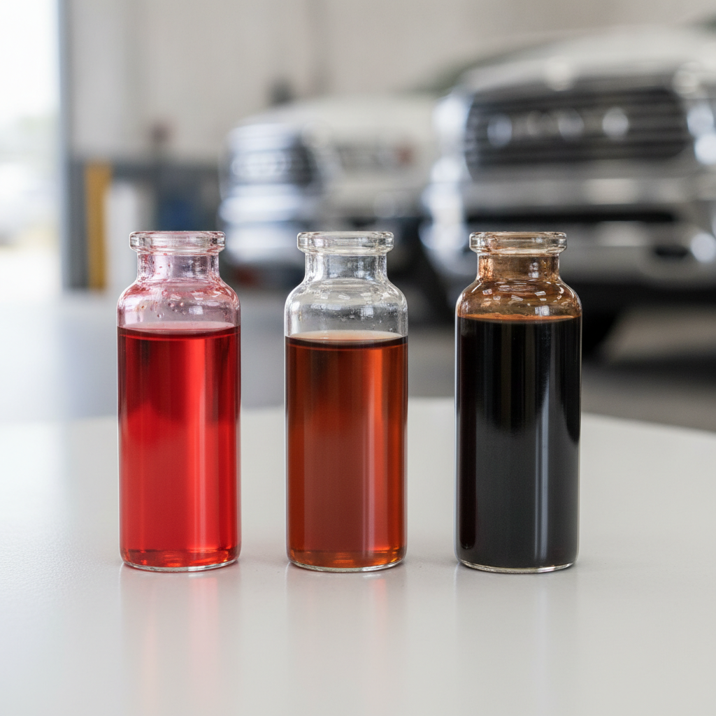 three vials of transmission fluid showing bright red, reddish brown and dark brown