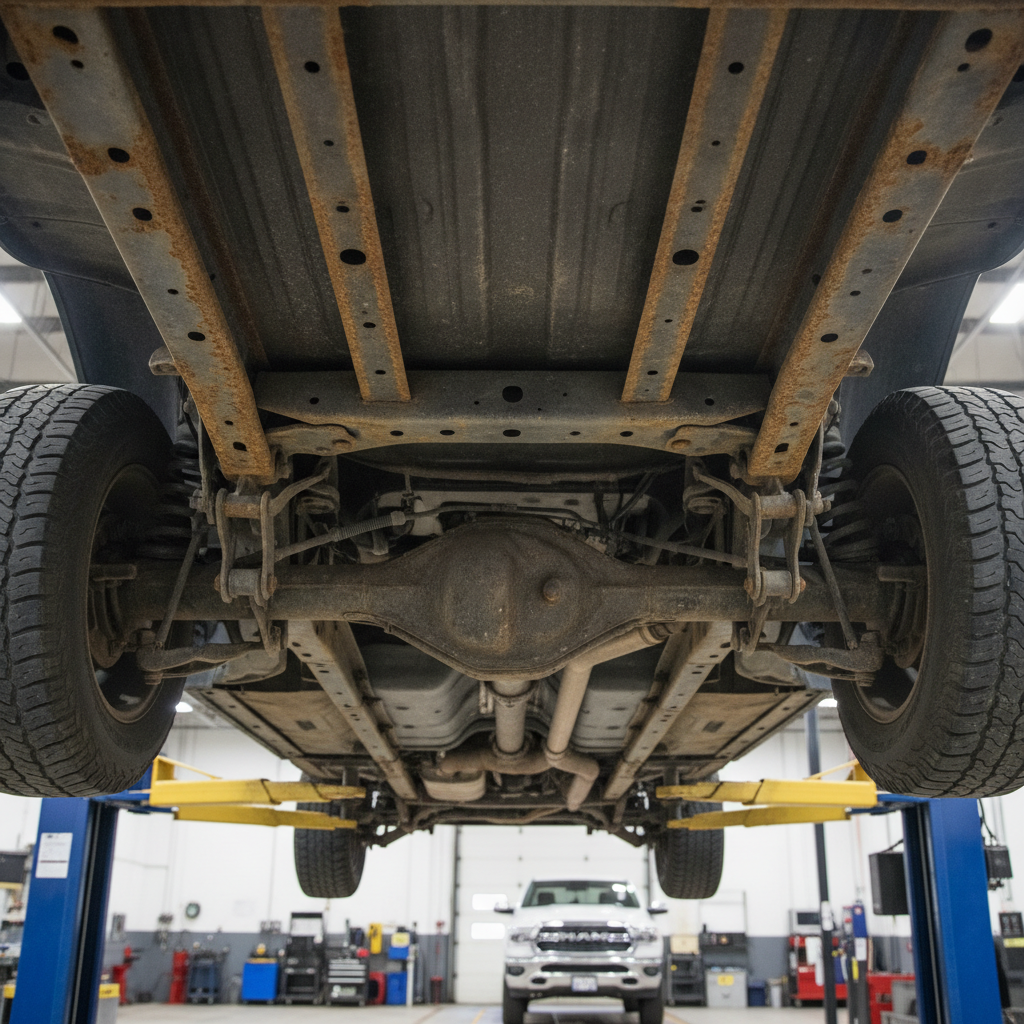 pickup truck frame rail with surface rust seen from below on a shop hoist