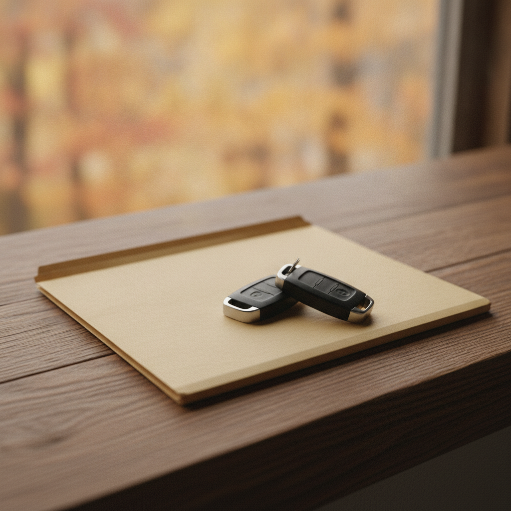 two truck keys and a folder of ownership papers on a wooden counter