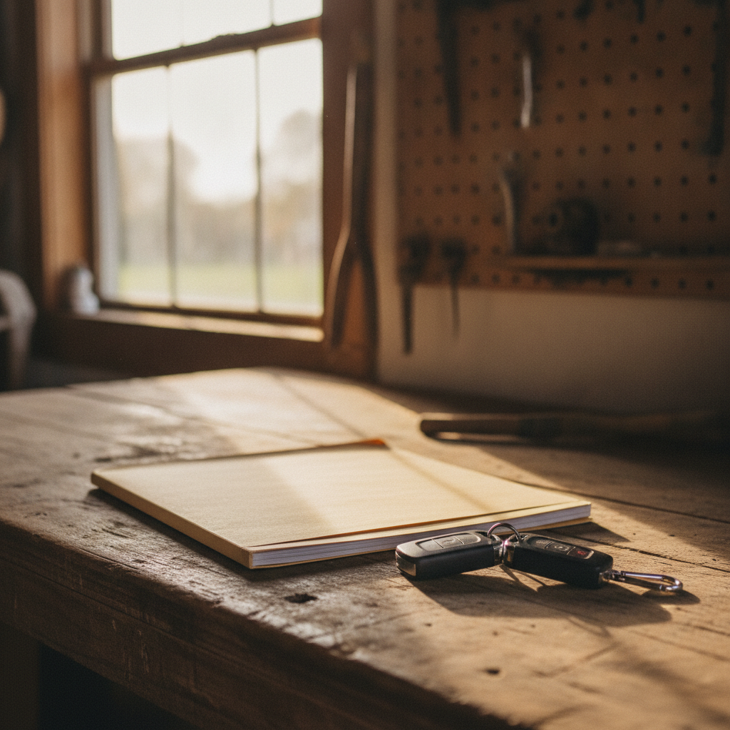 two truck keys and a folder of service records on a wooden workbench