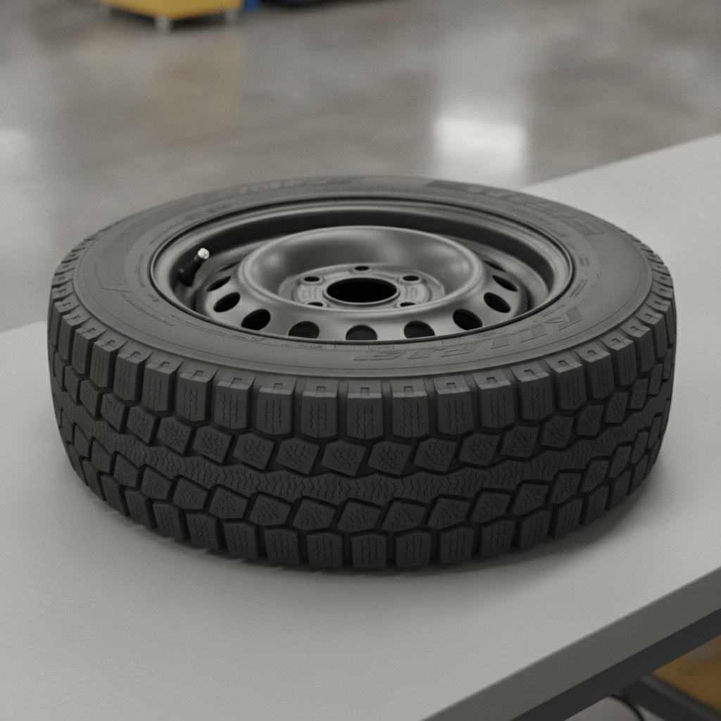 truck wheel with a winter tire on a workshop bench showing the sensor valve stem