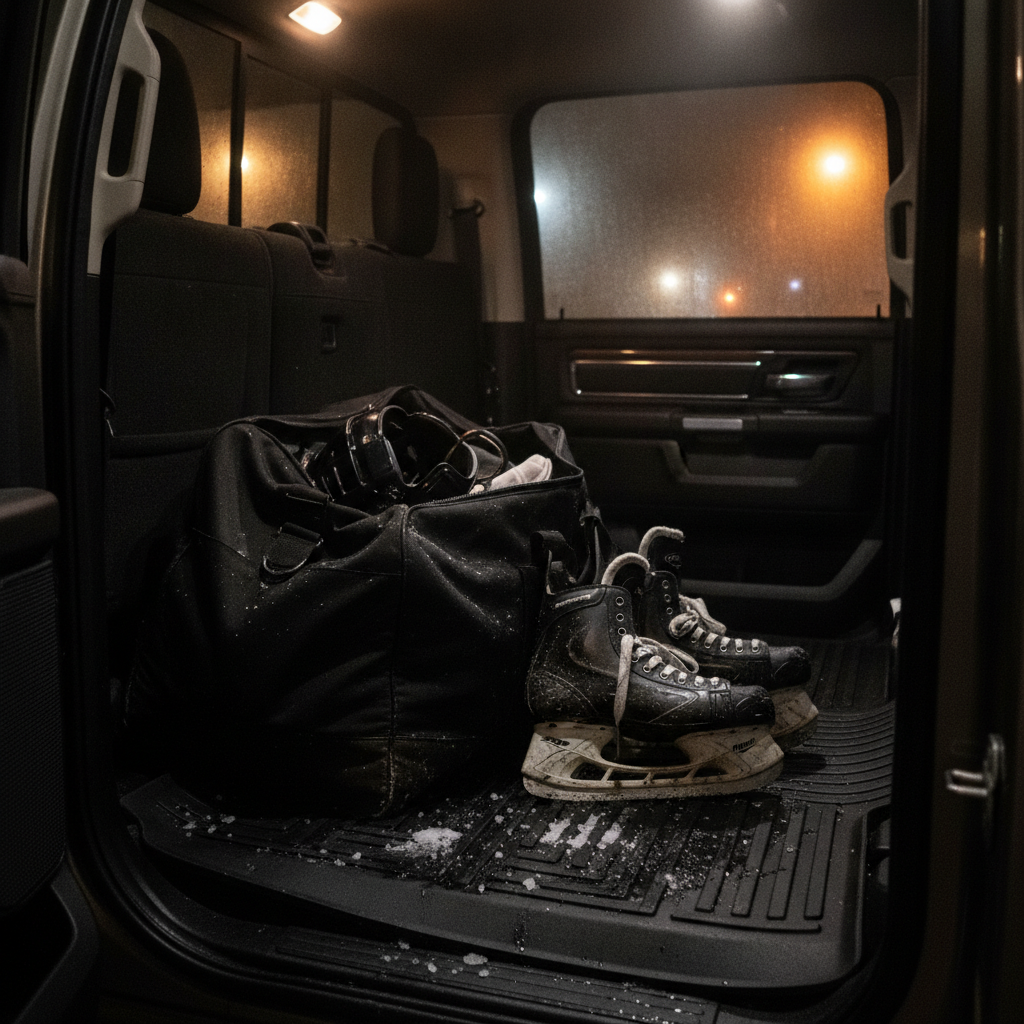 wet hockey bag and skates on rubber floor mats with snow melt inside a pickup cab