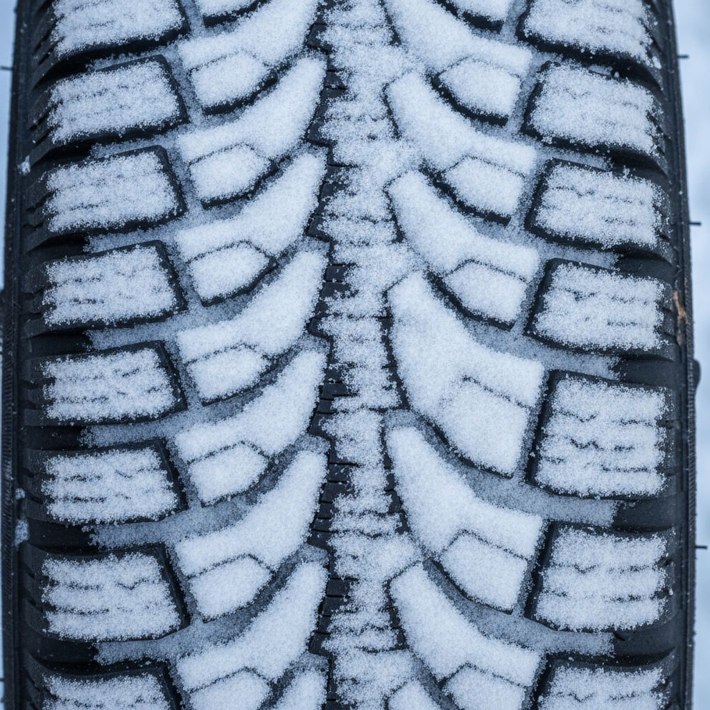 close up of winter tire tread packed with fresh snow showing sipes and biting edges