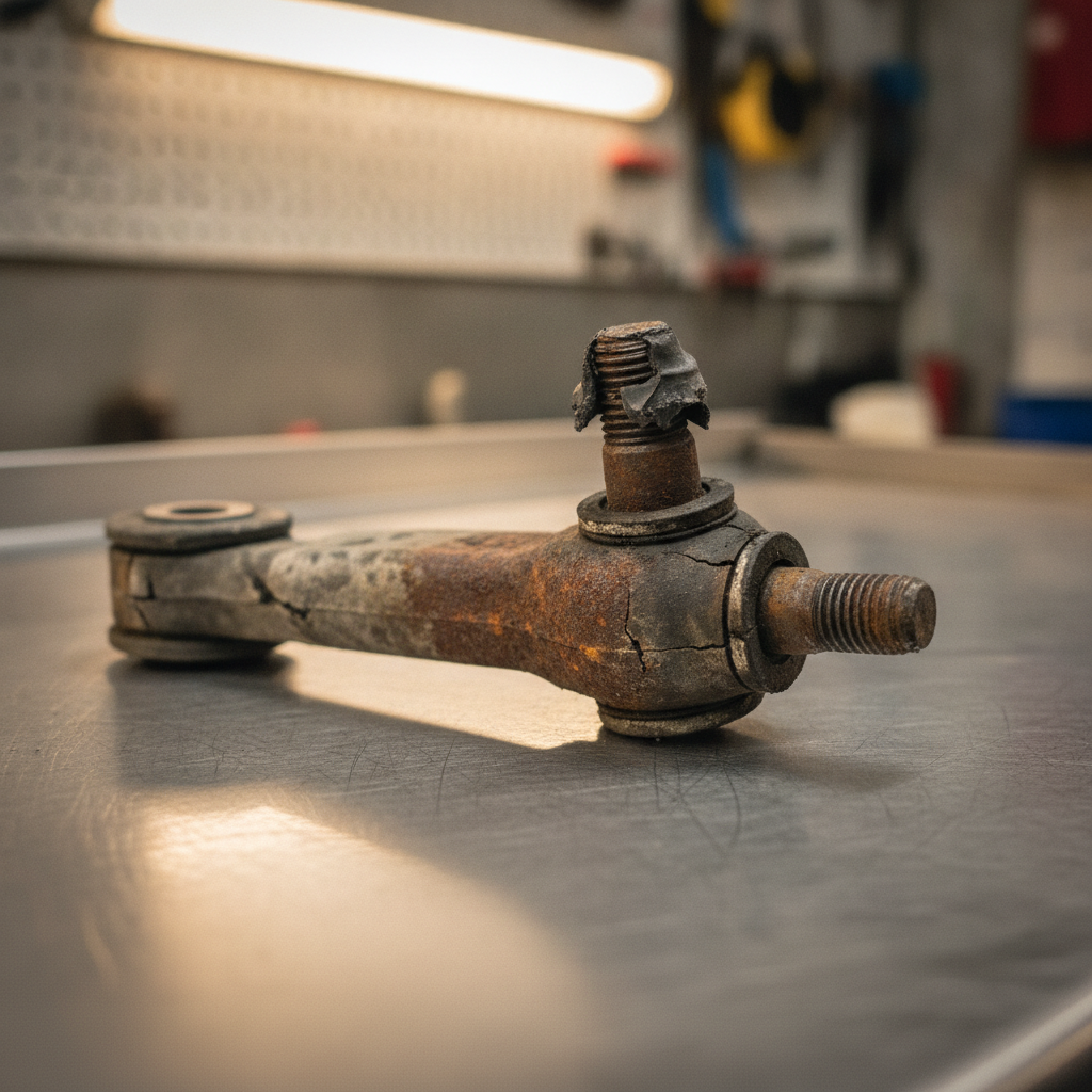 worn sway bar end link with cracked bushings on a service shop workbench