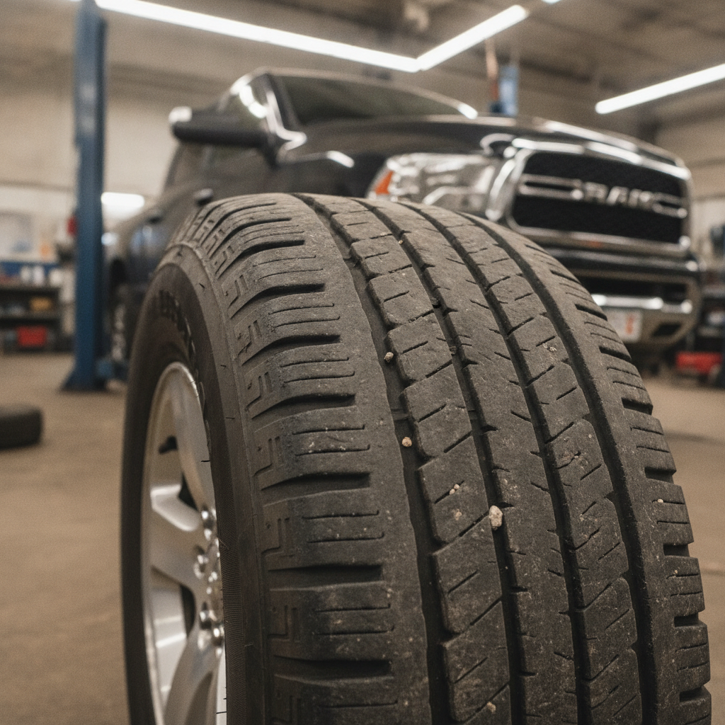 worn truck tire tread nearly flush with the wear bars