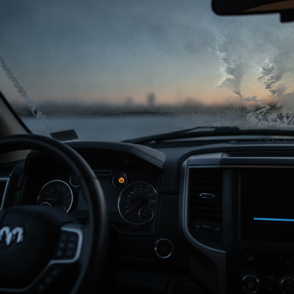 amber preheat indicator glowing on a diesel pickup instrument panel on a frosty morning
