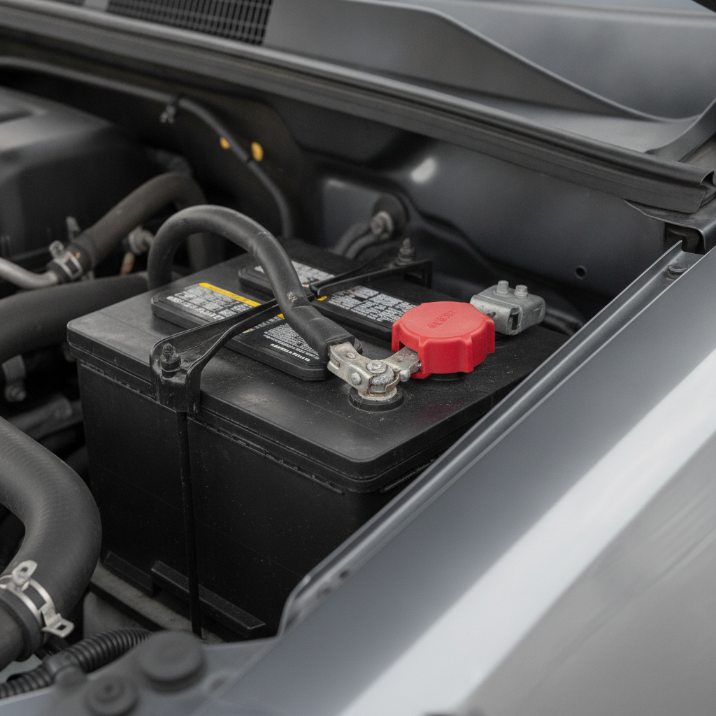 truck battery in an engine bay with a red cap over the positive post