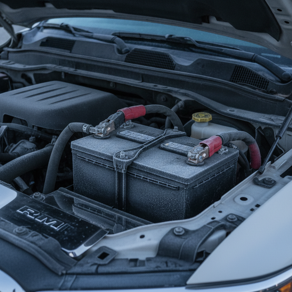 12 volt battery with terminal clamps under the hood in a cold engine bay