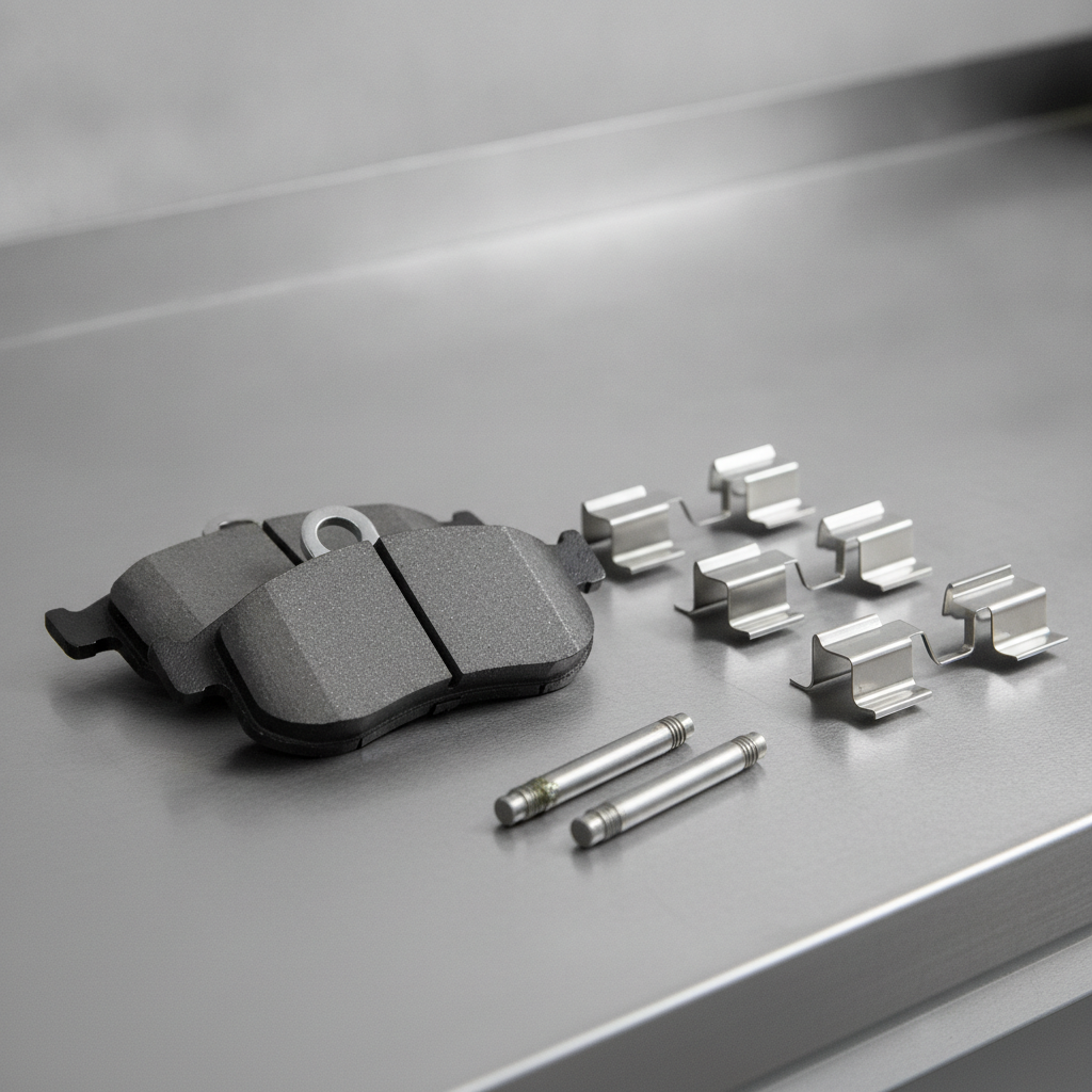 new brake pads beside abutment clips and caliper slide pins on a workbench