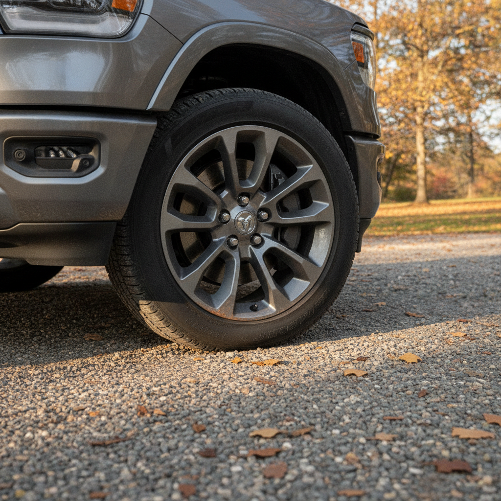 front brake rotor and caliper seen behind a pickup truck wheel