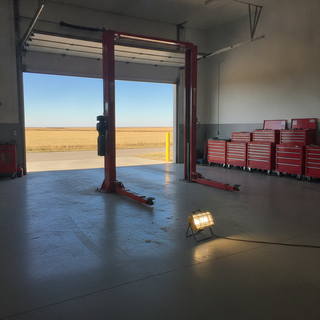 Empty service bay with a two post hoist and tool chests at a Manitoba dealership