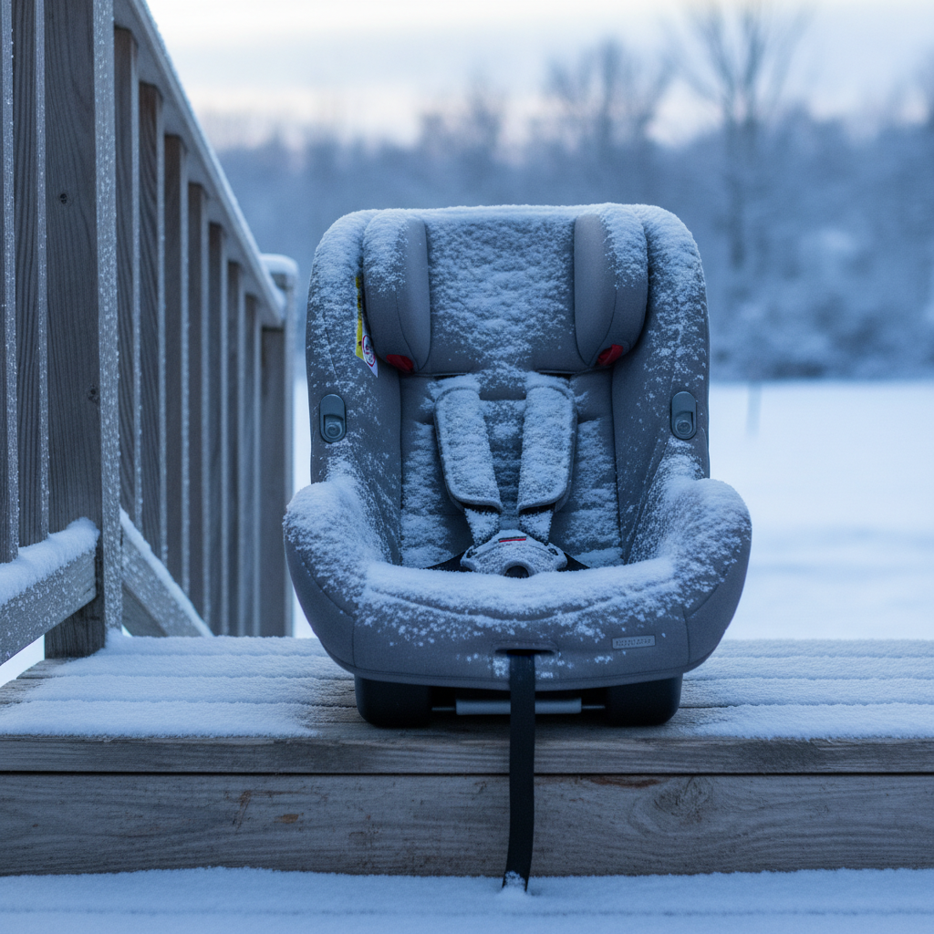 empty child car seat on a snowy porch step at dawn