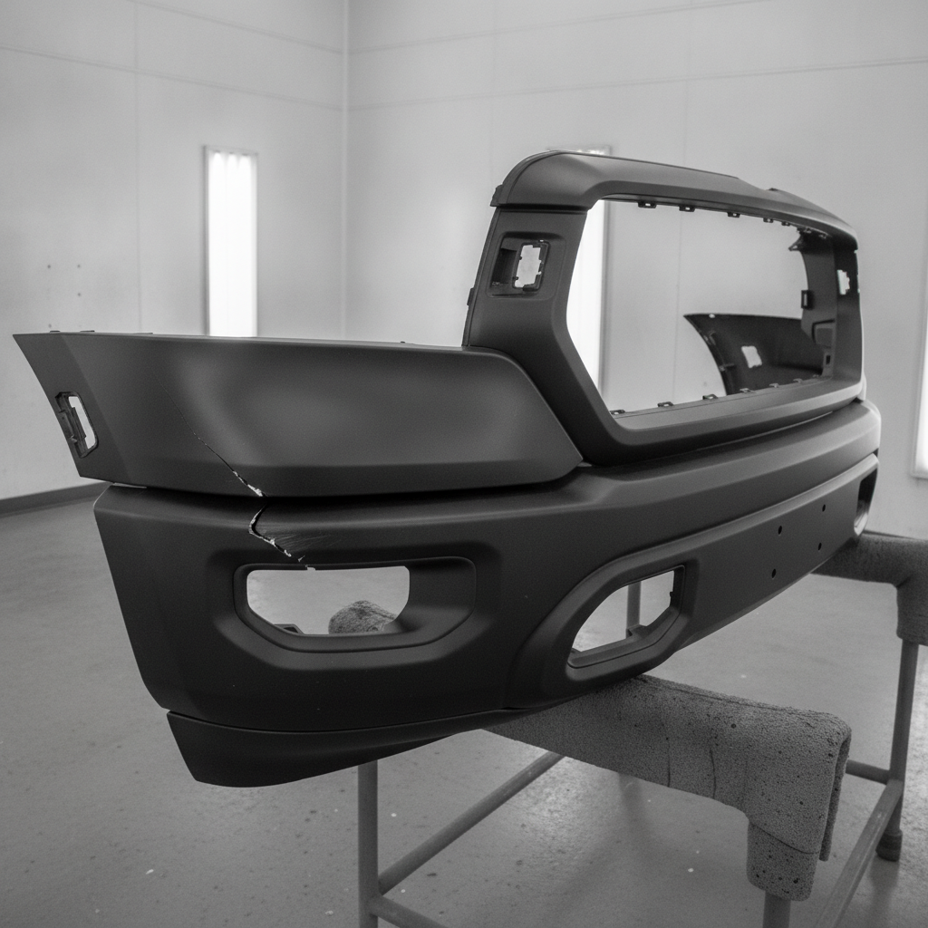 removed plastic bumper cover with a corner crack and broken mounting tab on stands in a repair bay