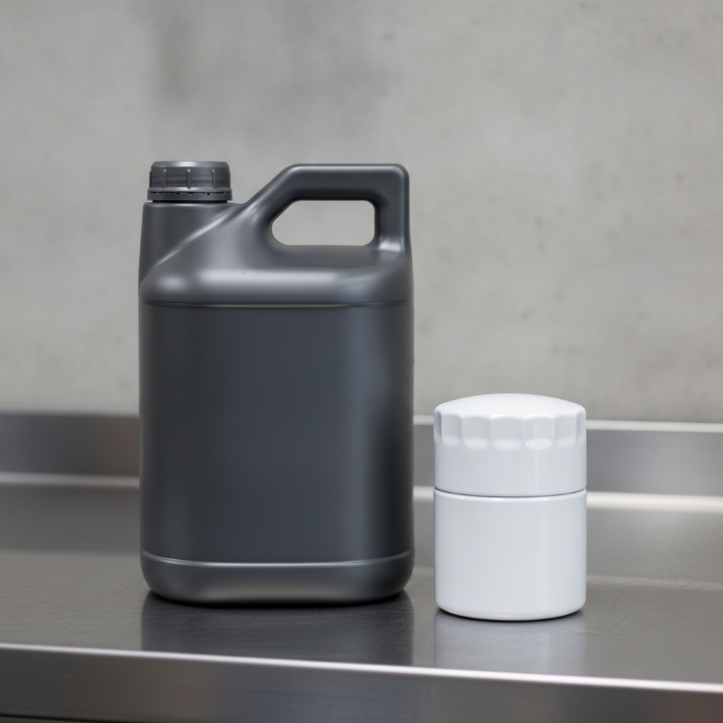 jug of heavy duty diesel engine oil beside a new oil filter on a shop bench