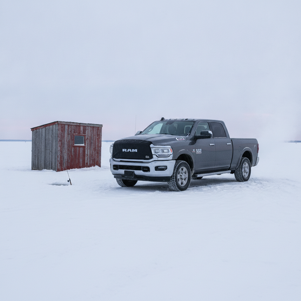 diesel pickup beside an ice fishing shack on frozen Lake Manitoba