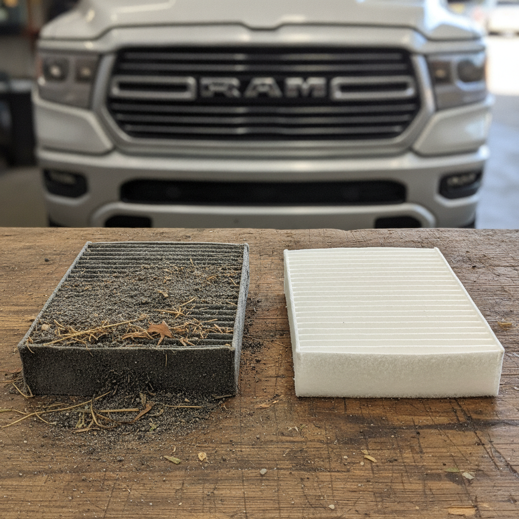 dirty clogged cabin air filter beside a clean new cabin air filter on a workbench
