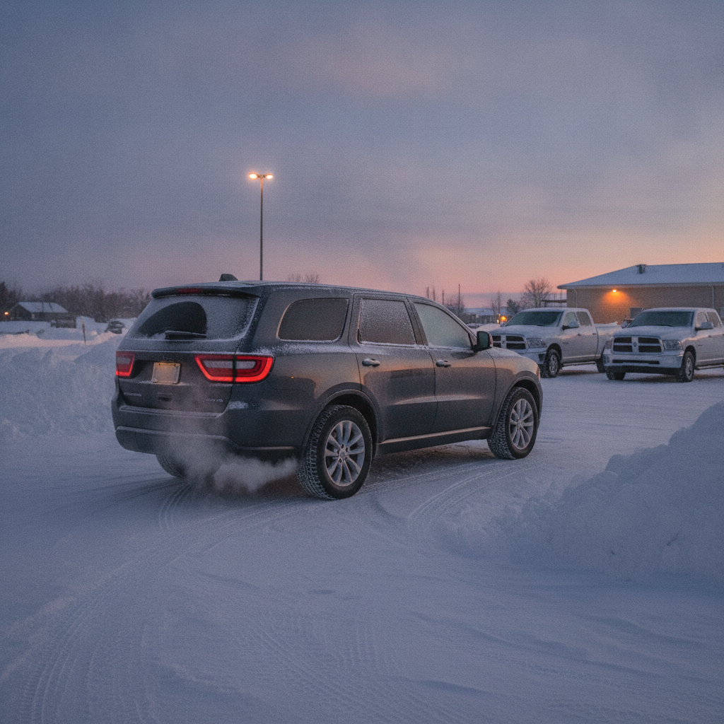 Dodge Durango warming up in a snowy Manitoba arena parking lot before sunrise