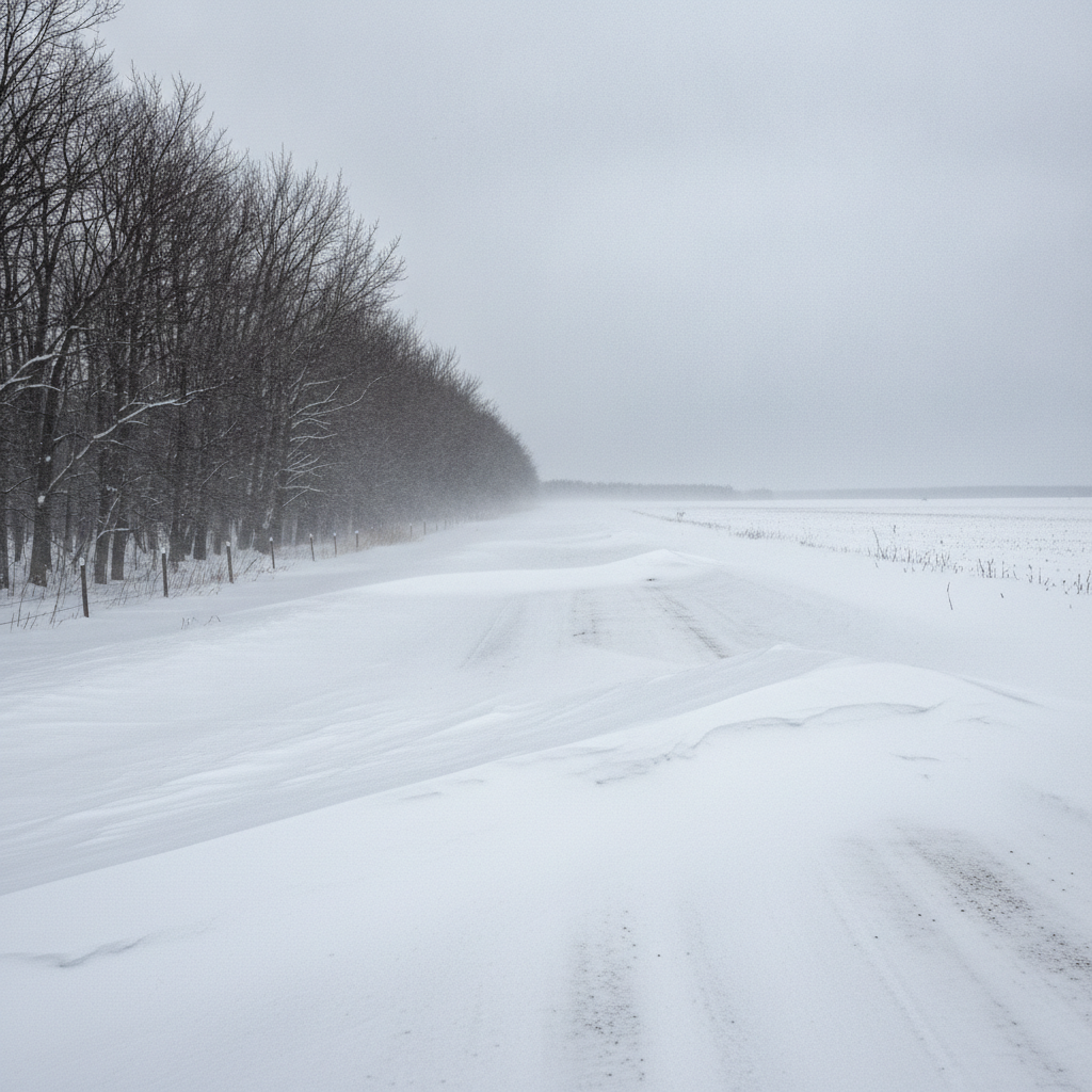Drifted gravel section road crossing flat snow covered Manitoba fields