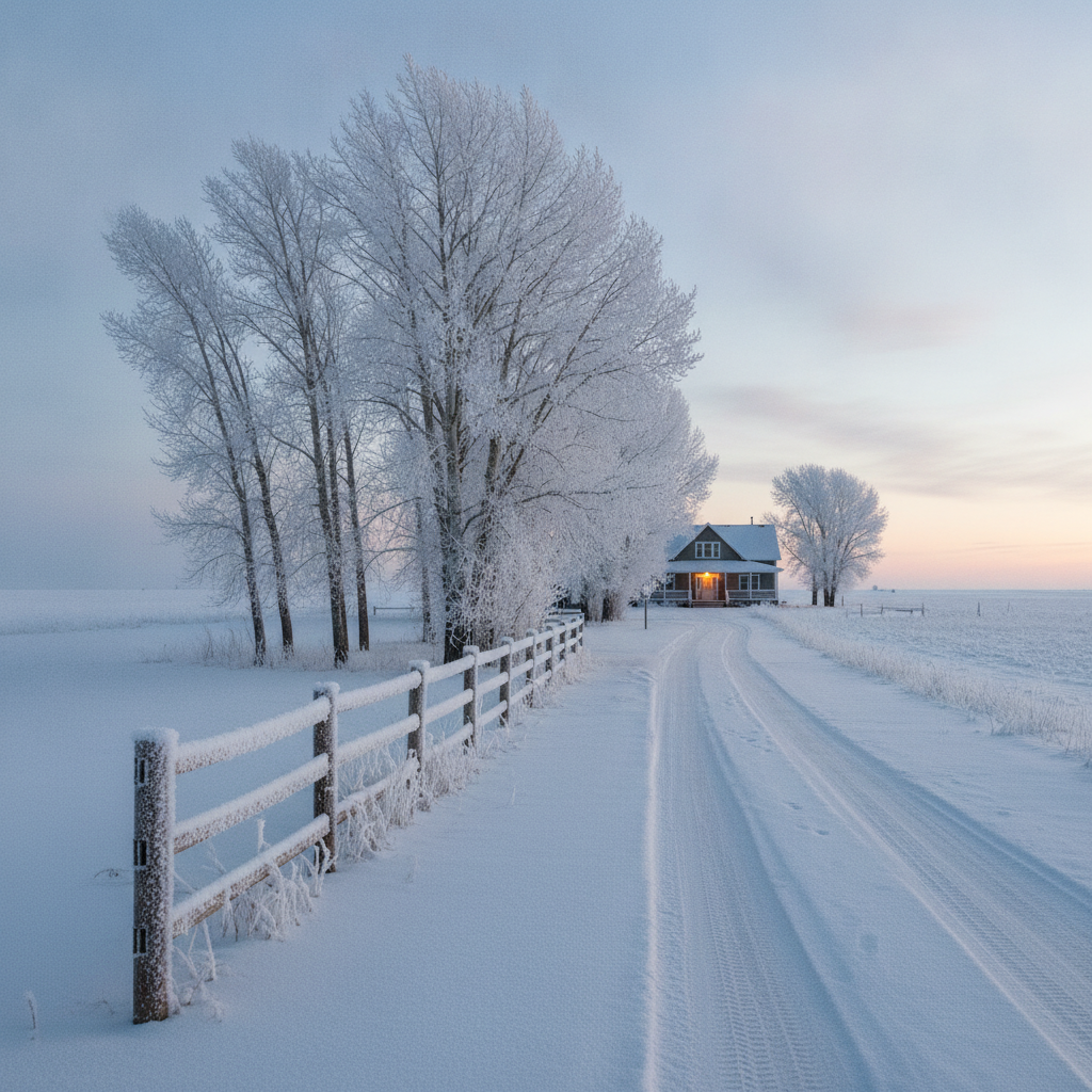 frosty prairie driveway at dawn with hoar frost on the fence and trees