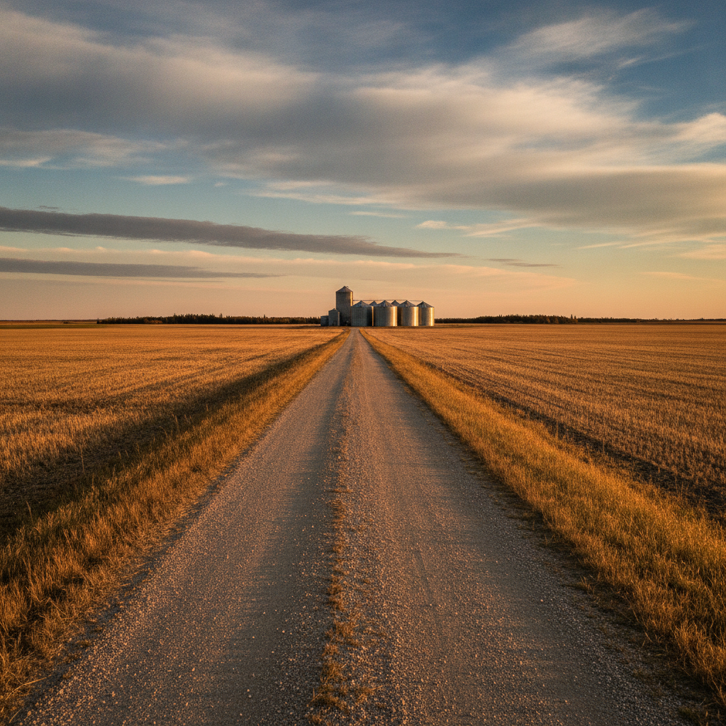 gravel grid road leading to steel grain bins in a harvested Manitoba field