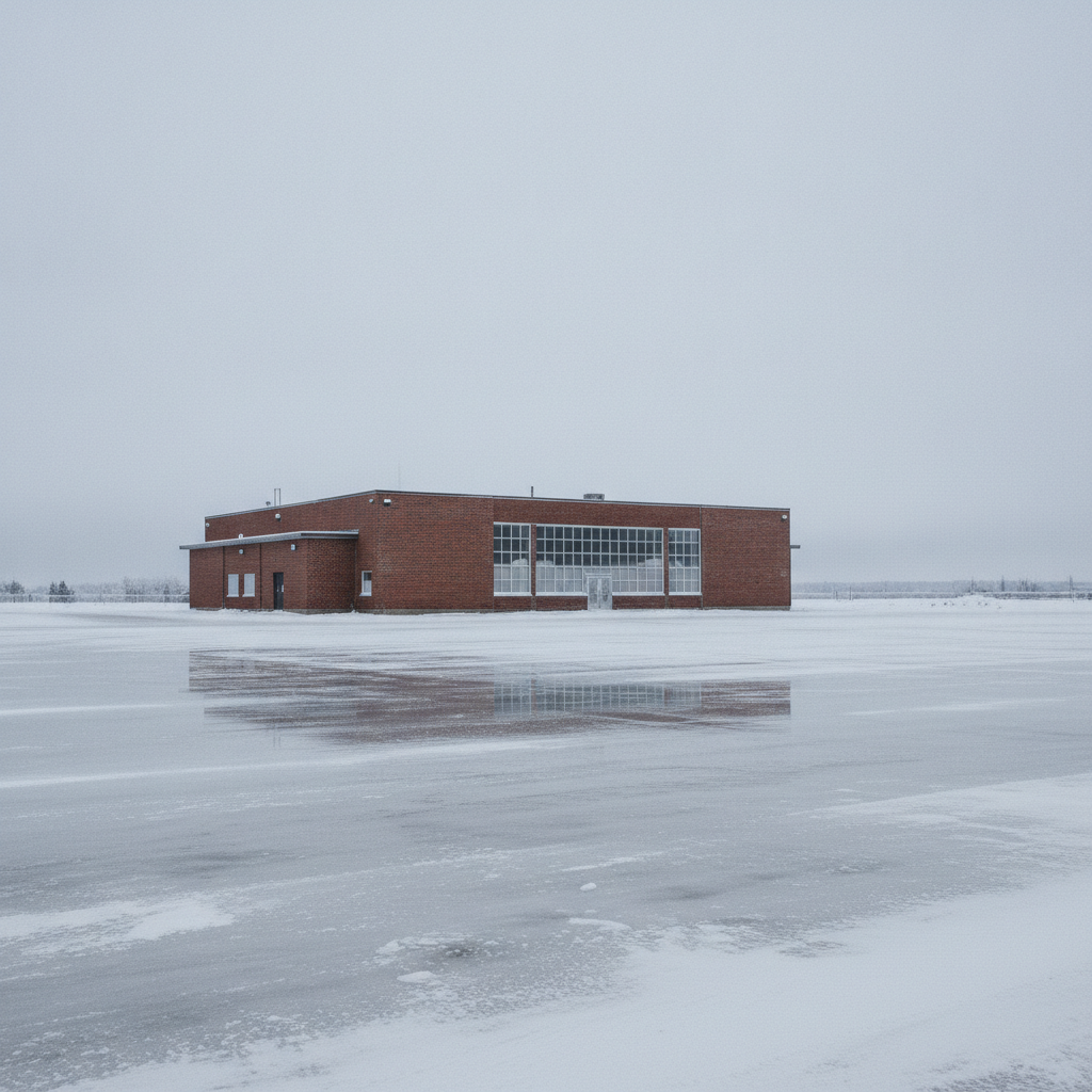 polished icy arena parking lot on a cold winter morning in a small Manitoba town