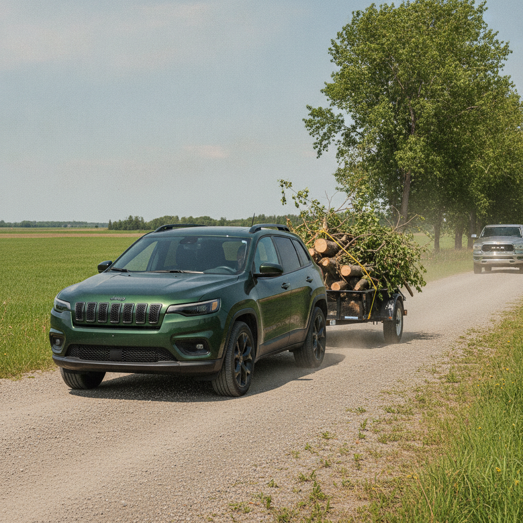 Jeep Cherokee towing a small utility trailer of branches on a gravel road in rural Manitoba